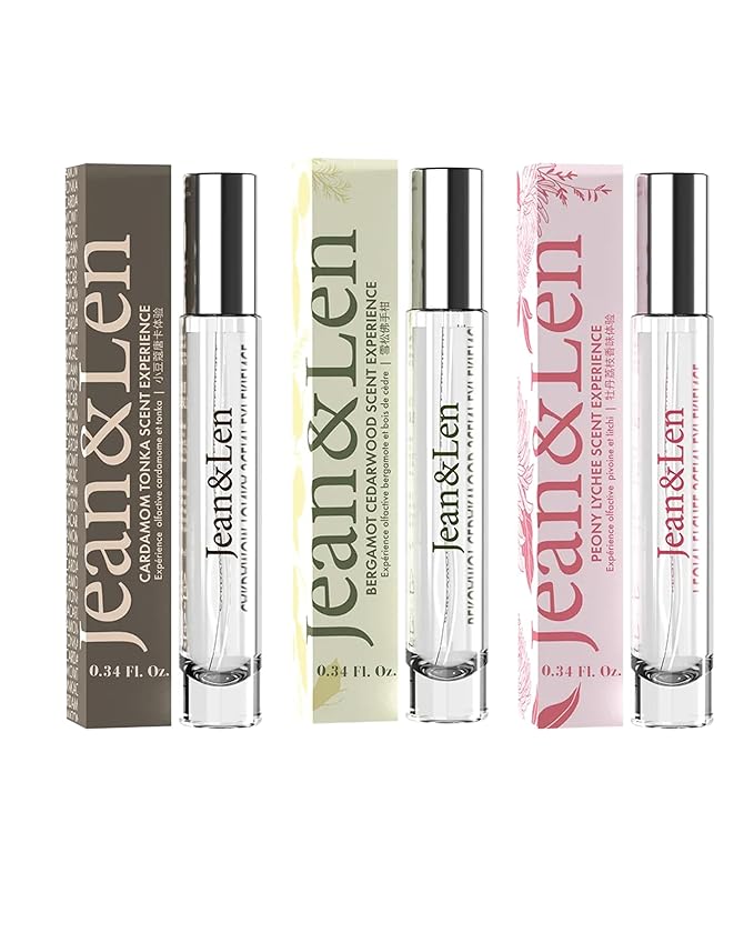 Jean & Len Scent Experience Travel Set, Peony Lychee, Rosemary Ginger & Cardamom Tonka EDT, all three scents in one practical mini perfume set, minimalistic glass bottles, 1x Set