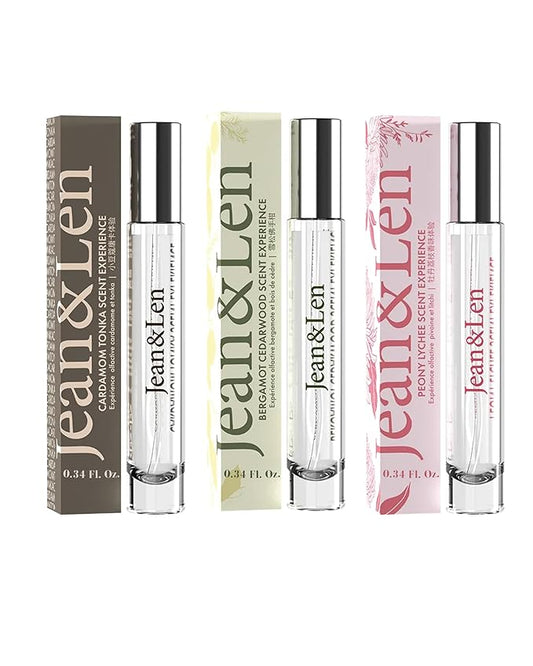 Jean & Len Scent Experience Travel Set, Peony Lychee, Rosemary Ginger & Cardamom Tonka EDT, all three scents in one practical mini perfume set, minimalistic glass bottles, 1x Set