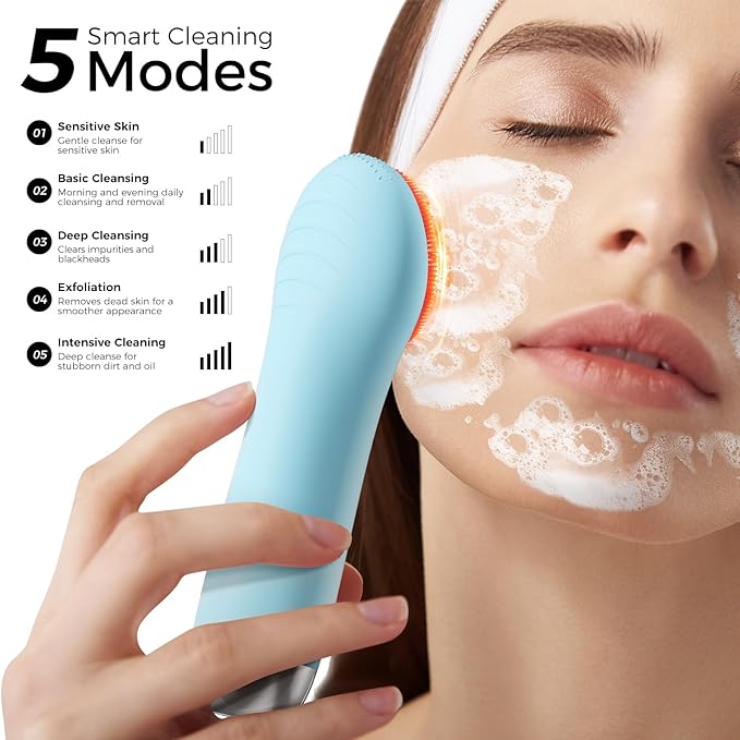 Facial Cleansing Brush Electric Face Scrubber - Rechargeable Face Cleansing Brush with 4 LED Gentle Light Silicone Heat and Vibration Exfoliator Massage Deep Cleansing,IPX7 Waterproof,Ideal Gift﻿