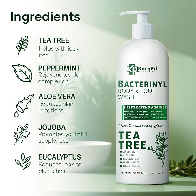 Bacterinyl Tea Tree Oil Body Wash - Antibacterial & Antifungal Support for Ringworm, Body Odors, Athlete’s Foot & Acne, Helps Soothe Itchy, Dry Skin - Made in USA (16 fl oz x 2)
