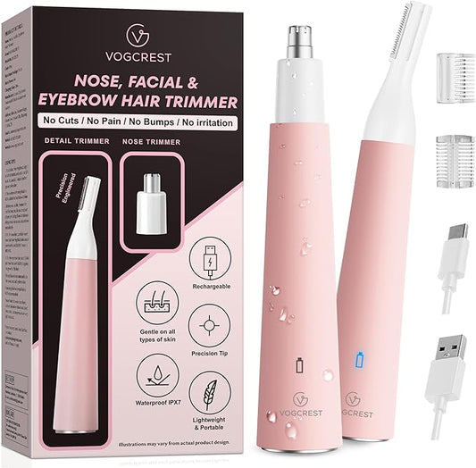VG VOGCREST Nose Hair Trimmer for Women: Rechargeable Painless Eyebrow Trimmer - Low Noise Portable Facial Hair Removal for Ladies Aged 18-55 - Home Party Travel, Christmas Gifts (Bright Pink)