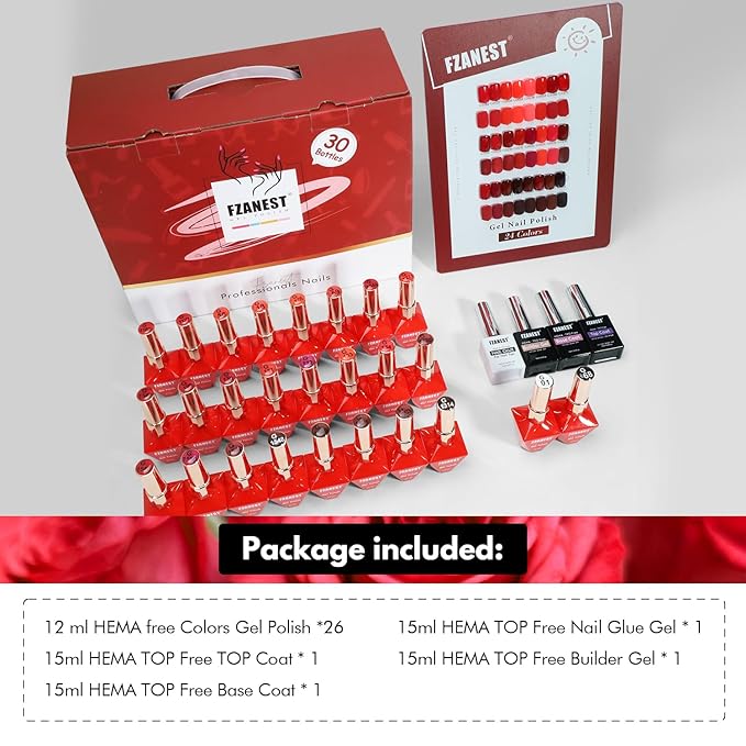 FZANEST 30pcs 12ml Red Gel Nail Polish Set TPO & Hema-free, Cherry Blood Bright Red Orange With Top Coat Base Builder Gel Nail Glue Soak Off Gel Polish Kit For Nail Salon Home Gifts for Women