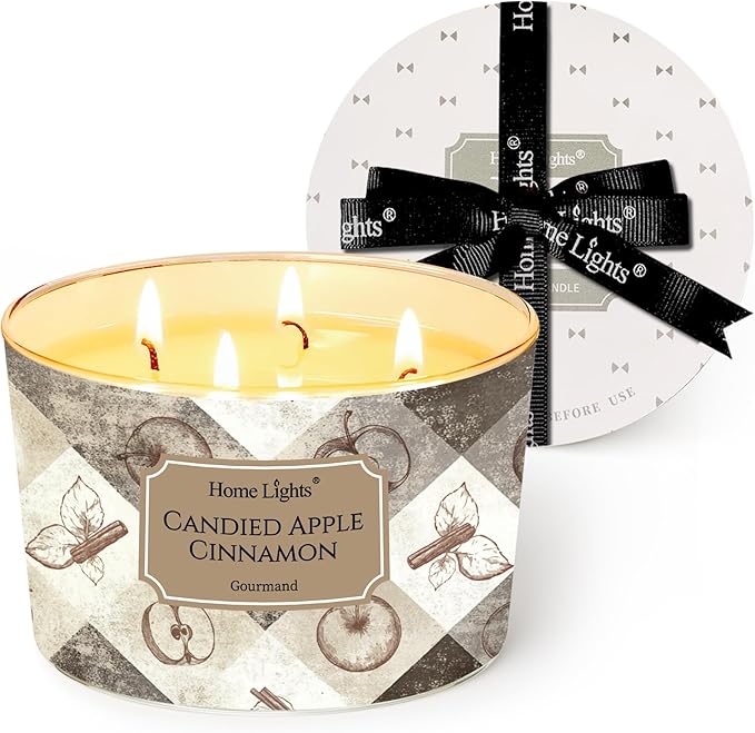 HomeLights Large jar Candle | 4-Wick Long-Lasting Scented Candles, 18oz Natural Soy Wax Candle for Home Scented, Rustic Modern Gifts for Women & Men, Candied Apple Cinnamon