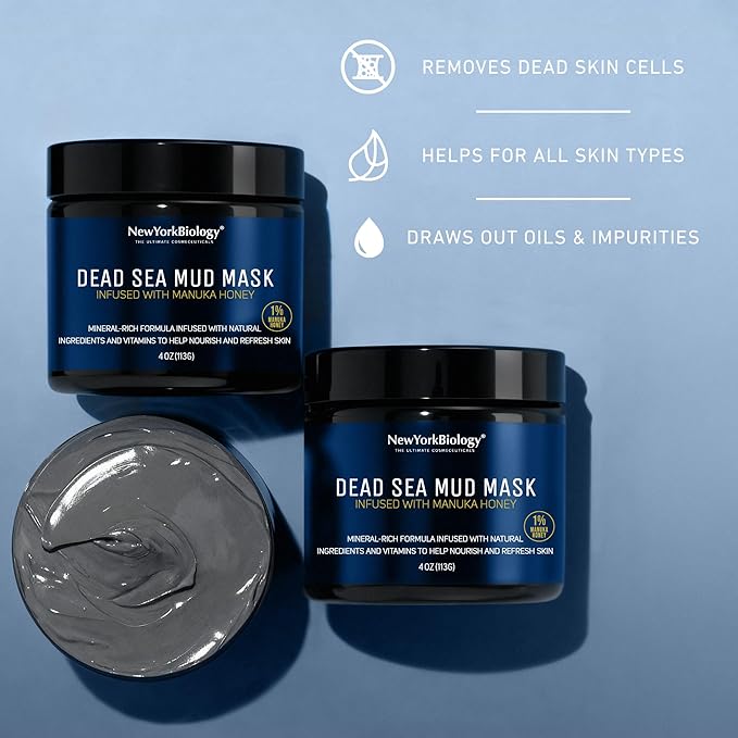 New York Biology Dead Sea Mud Mask for Face and Body | with Manuka Honey | Spa Quality Pore Refiner for Oily Skin | Natural Skincare for Women & Men | Tighten Skin for A Healthier Complexion | 4 oz