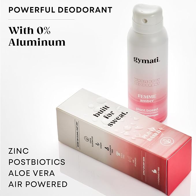 Gymati - Fitness Deodorant Spray for Women - Aluminum-Free - All Day Ultimate Odor Protection - Built For Sweat - Air-Powered - Vegan & Plant-Based - Made in USA - Femme - 3.4oz Travel Size - 2 Pack