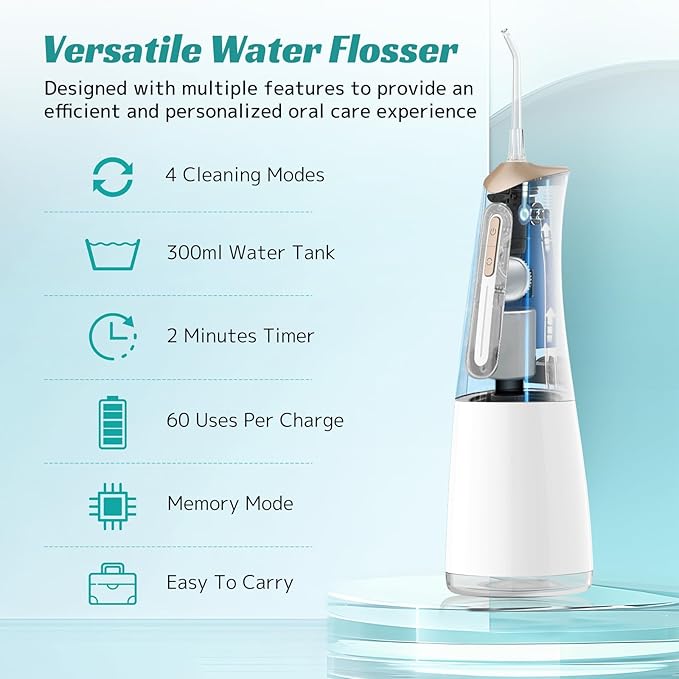Water Dental Flosser Cordless Oral Irrigator with 300ml 5 Tips 4 Modes USBCharger Portable Travle Irrigation Cleaner IPX7 Electric Irrigador Dental for Teeth Cleaning (White)