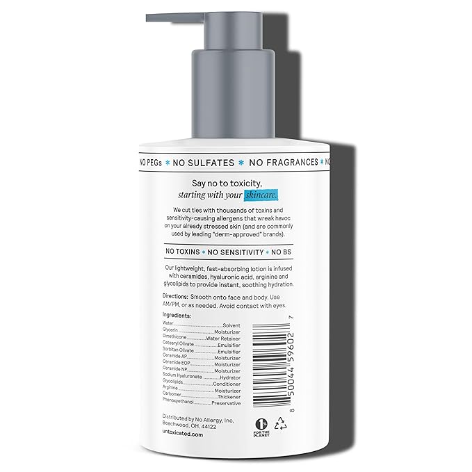 Untoxicated Moisturizing Lotion - Daily Face Moisturizer & Body Lotion for Sensitive Skin - Ceramides & Hyaluronic Acid - No Common Irritants - Non-Comedogenic - Oil-Free - Fragrance Free - 10 Ounce
