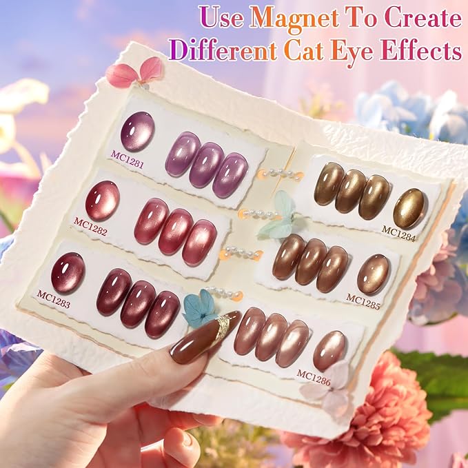 Double Rhythm Cat Eye Gel Nail Polish Set of 6 Same Color Same Bottle 0.5 Oz Shimmer Glitter with Magnet Holographic Reflective Magnetic UV Nail Polish Kit at Home (Rose Coffee Brown Red-T6-62)