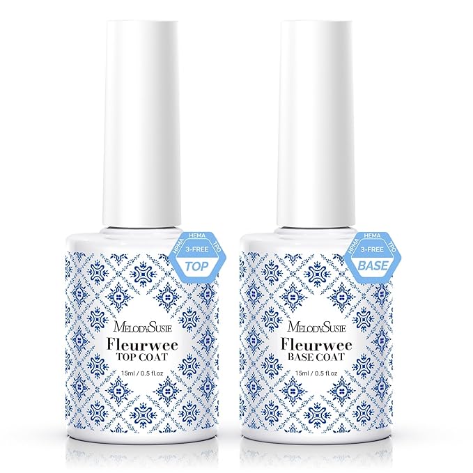 MelodySusie Fleurwee No Wipe Glossy Top Coat & Base Coat Gel Nail Polish Hema Free 21 Non Toxic Soak off UV Long Lasting No Chip Gifts for Women Finger Toe Nail Polish (Pack of 2)