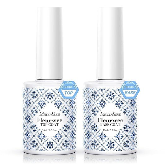 MelodySusie Fleurwee No Wipe Glossy Top Coat & Base Coat Gel Nail Polish Hema Free 21 Non Toxic Soak off UV Long Lasting No Chip Gifts for Women Finger Toe Nail Polish (Pack of 2)