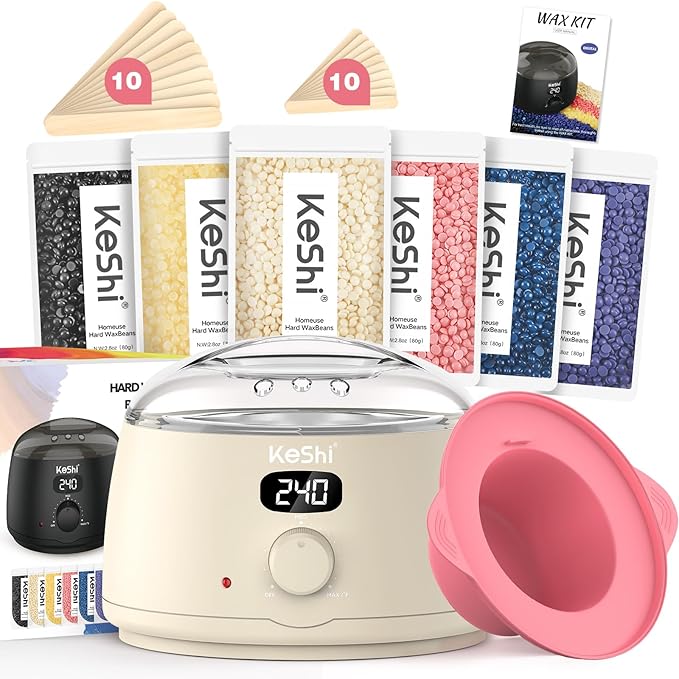 KeShi Waxing Kit for Women and Men, Digital Wax Warmer with 6 Bags Hard Wax Beads, at-Home Hair Removal Wax Kit for Full Body, Face, Eyebrow, Bikini, Legs, Brazilian & Sensitive Skin(Silky Cream)
