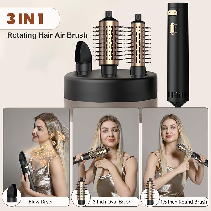 3 in 1 Rotating Hair Dryer Brush Spinning with Detachable Brush(2" & 1.5"),Negative Ionic Brush Blow Dryer 100-120V,3 Heats and 2 Speeds Rotating Hot Air Brush for Curling,Straight,Drying