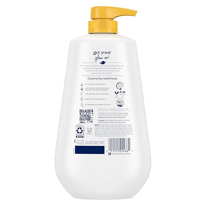 Dove Body Wash with Pump Glow Mango & Almond Butter For 24hr Lotion-Soft Skin Moisturizing Skin Cleanser with No Sulfates No Parabens 30.6 oz