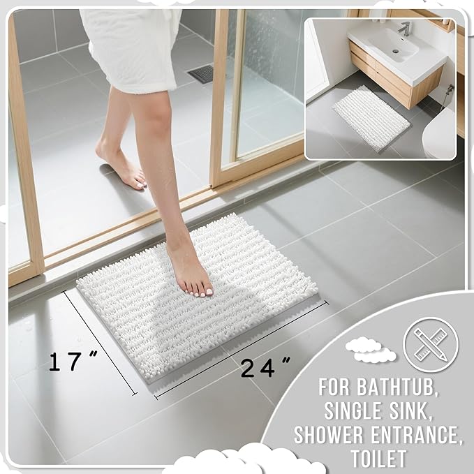 Yimobra Bathroom Rugs Non Slip Washable - Ultra Soft Absorbent Chenille Bath Mat, Quick Dry Shaggy Floor Carpet for Tub Shower, White Home Decor Accessories, 24x17 Inch