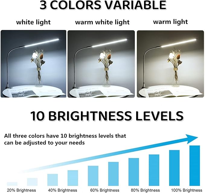 Desk Lamp with Clamp, 3 Modes 10 Brightness 360° Rotation Eye-Caring Reading Light,8W Long Flexible Gooseneck, Architect Task Lamp, USB Clamp Light for Home Office Manicure Reading
