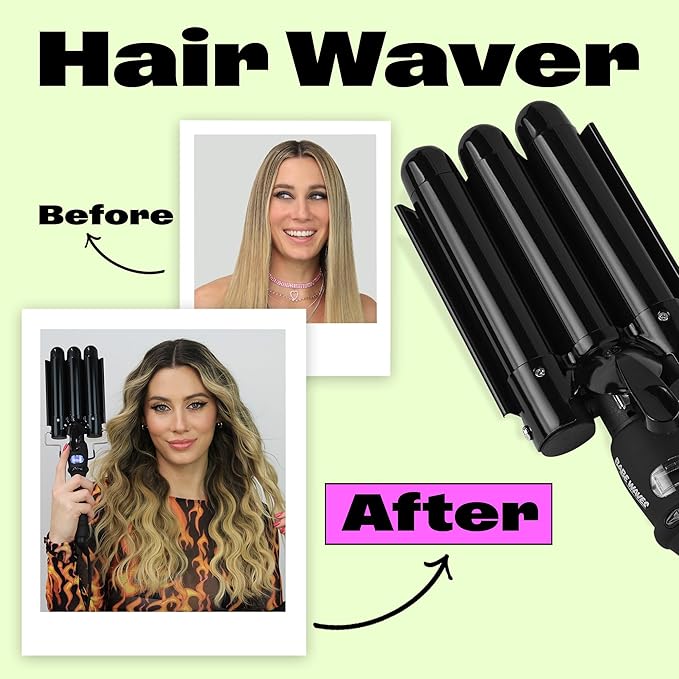 Trademark Beauty Three Barrel Hair Waver, Curling Iron, 1.1 Inch, Beach Waves, Adjustable Temperature Hair Curler, Babe Waves Limited Edition - Black