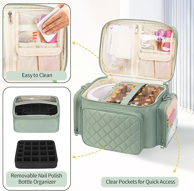 Nail Polish Organizer, Nail Polish Storage Holds 42+ Bottles & Nail Lamp, Portable Travel Nail Kit Storage Carrying Case Fits Nail Suppiles, Gift for Manicurist, Grils - Green