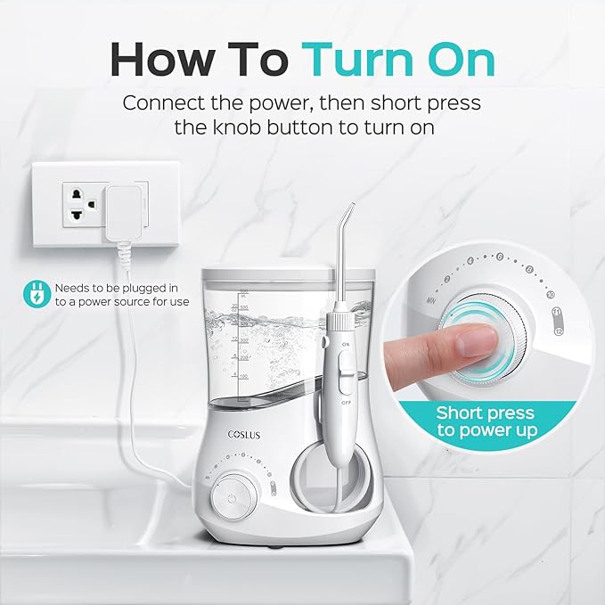 COSLUS Electric Water Flosser for Teeth: Professional Dental Pick for Orthodontic, Sensitive Gums, Braces - 12 Pressure Settings & 5 Multi-Functional Tips for Multiple Users, Home Use, White