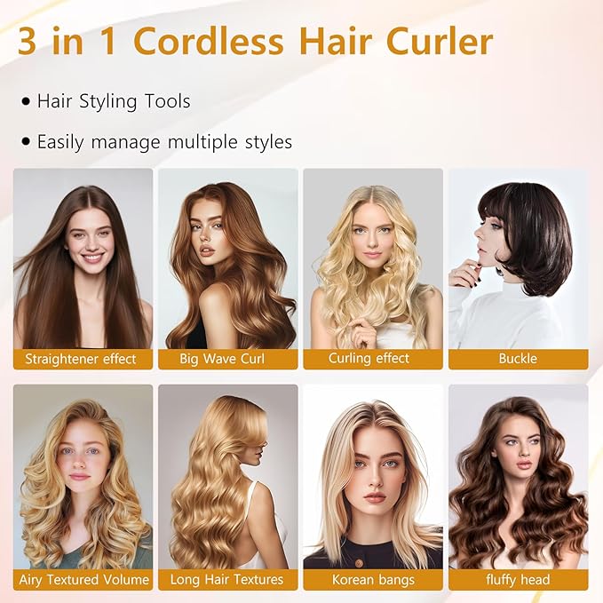 Cordless Curling Iron Brush, Portable Travel Cordless Heated Hair Brush for Women, 4 Temperature(max210°), Rechargeable 7000mAh USB Hair Curler Styler