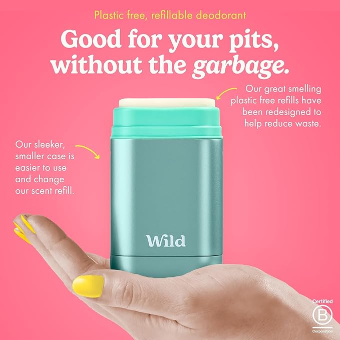 Wild - Refillable Deodorant Starter Kit with Aqua Case and Pink Grapefruit & Lime Scented Refill 1.4oz - Aluminum Free - Long Lasting Protection - Vegan