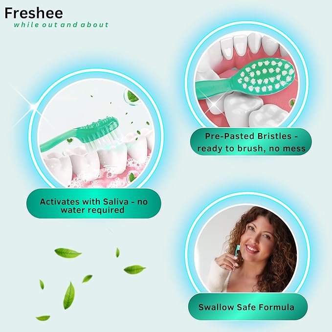 Freshee Paste - 5 in 1 Disposable Mini Toothbrush with Soft Bristles & Toothpaste + Floss + Pick + Tongue Scraper | Travel Size | Individually Wrapped | Soft | Mint | Travel Set |Oral Care