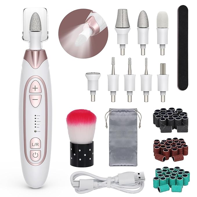 PELCAS Electric Nail File, 5 Speeds Nail Grinder for Thick Toenails, Cordless Nail Drill, Manicure and Pedicure Kit with LED Light, Toenail Grinder for Human, Thick Toenails, Natural & Acrylic Nails