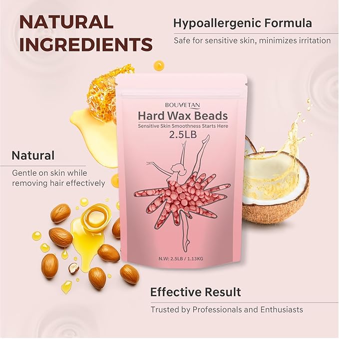 Wax Beads 2.5lb - Bouvetan Hard Wax Beans for Hair Removal, Sensitive Skin, Idea Waxing Beads for Full Body, Brazilian, Bikini, Face, Underarm, Eyebrows (Pink)