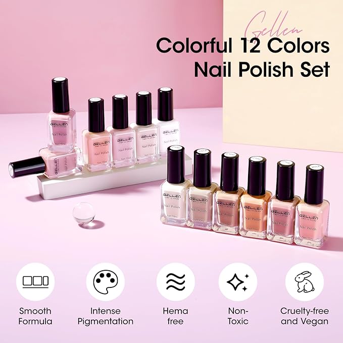 GELLEN Nail Polish Set, French Tip Manicure Nude White Regular Nail Polish Quick Air Dry Bright 12 Colors Set for Women Fingernail Toe Nails Salon Home, Non UV Gel, Hema Free, Non-toxic, Long Lasting