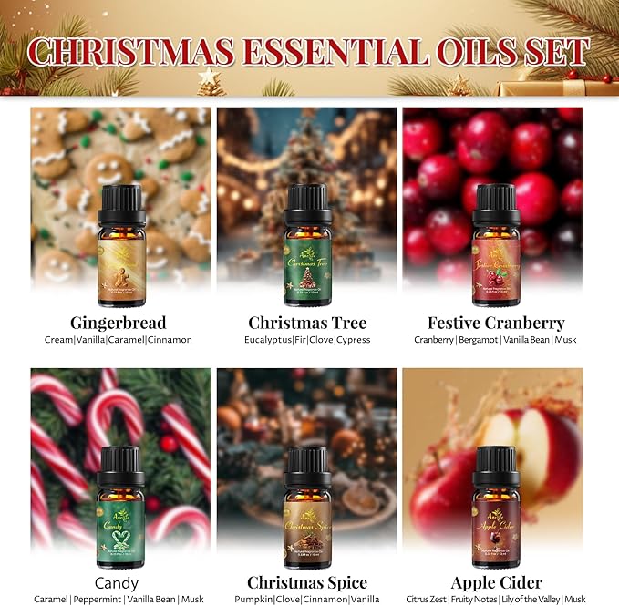 Christmas Essential Oil Set, Essential Oils for Diffusers for Home, Fragrance Oil Gift Set | Gingerbread, Candy, Christmas Tree, Spice, Cranberry, Apple Cider | Aromatherapy, Candle & Soap Making