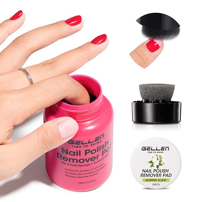 Gellen Nail Polish Remover, Dip Twist Sponge Nail Polish Remover Pot For Fingernail Toenail, Non-Acetone Fragrance Free, 5-9s Quick Removal, Jasmine Scent Non-drying Formula Shea Butter & Vitamin E