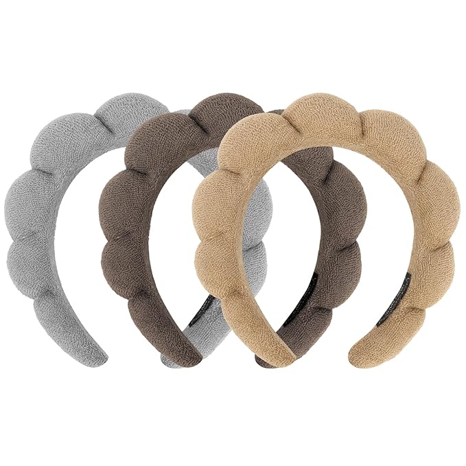 3 Pack Terry Cloth Spa Headbands - Skincare Makeup Headbands With Puffy Hair Band for Face Washing and Skincare Routine