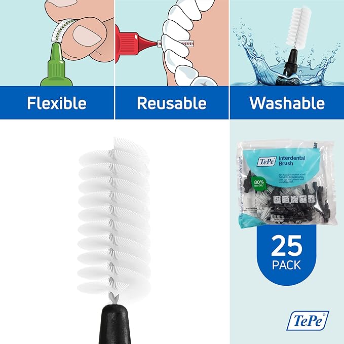 TePe Interdental Brush Original, Soft Dental Brush for Teeth Cleaning, Pack of 25, 1.5 mm, Extra-Large Gaps, Black, Size 8