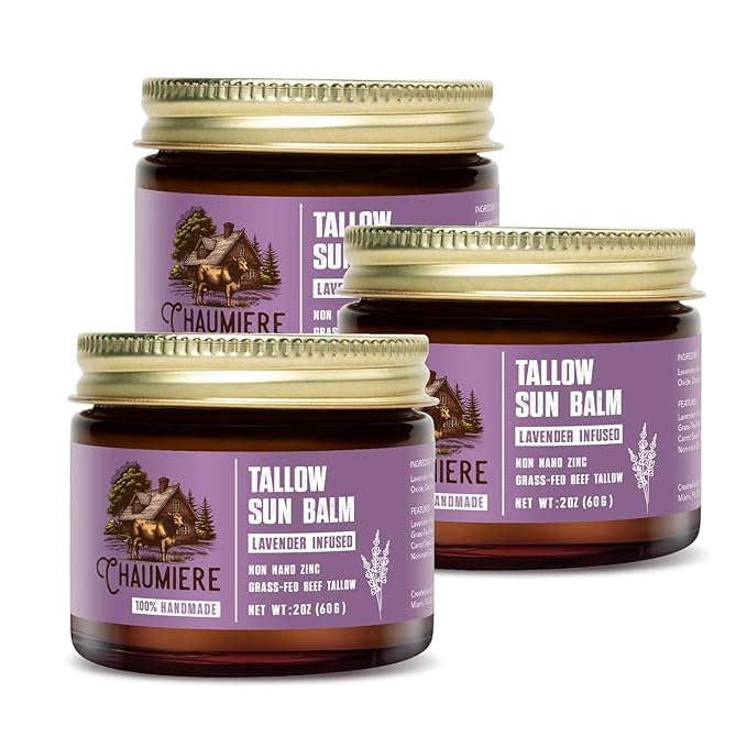 Lavender Tallow Sunscreen SPF 50 – Grass-Fed Beef Tallow Balm with Carrot Seed Oil & Non-Nano Zinc – Organic Face & Body Moisturizer, Reef Safe, Naturally Scented – 2.5oz x 3, Made in USA