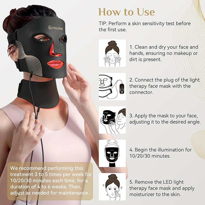 LED Light Therapy Mask Skin Care Mask & Neck, LED Red 630±5nm & NIR 830nm Wavelength for Home Use（Advanced Black）