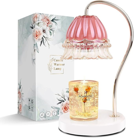 Candle Warmer Lamp with Timer,Gifts for Mom,Marble Base and Glass lampshade,a Beautiful Flower Candle Lamp with 2 Bulbs Candle Jar Light