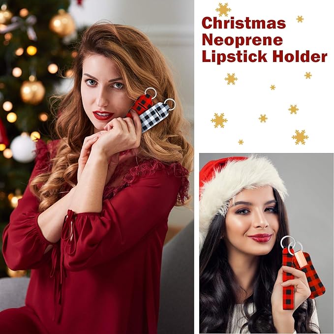 Patelai 20 Pcs Christmas Lipstick Holder Keychains Set Include 10 Buffalo Plaid Lipstick Lip Balm Holder Keychains Bulk10 Wristlet Lanyards for Purse Backpack Christmas Gift