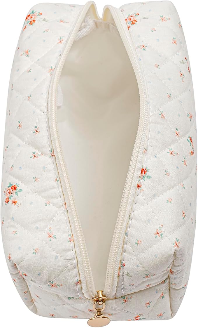 Makeup Bag Travel Cosmetic Bag for Women Girls, Zipper Make Up Pouch, Floral Flowers Toiletry Organizer Makeup, Portable Storage Bag, Cosmetic Travel Cloth Bag (White Small Flower)