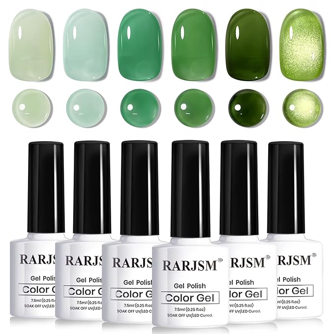 RARJSM Green Jelly Glass Gel Nail Polish Set 6pcs Clear Crytal Army Dark Jade Sage Green Transparent Sheer Amber Series Milky Diamond Cat Eye Gel Varnish LED UV Curing Requires