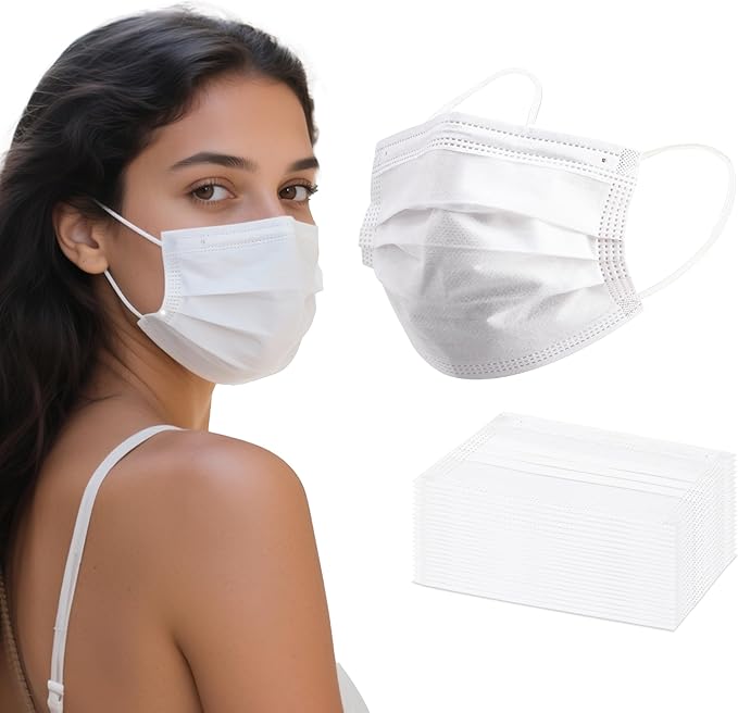 akgk 100PCS White Disposable Face Masks, 3-Ply Breathable White Face Mask For Adults