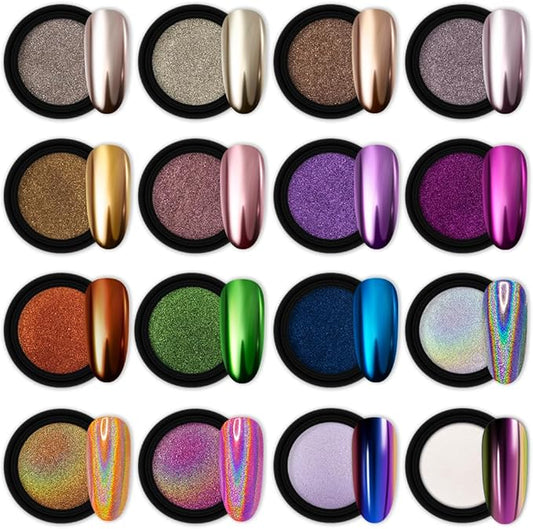 Artdone 16 Jars Chrome Nail Powder Nail Art Fimo Striping Tape Lines Decoration Metallic Mirror Effect Holographic Aurora Chameleon Pigment Powder 1g/Jar Pearl for Resin Craft & Nail Art