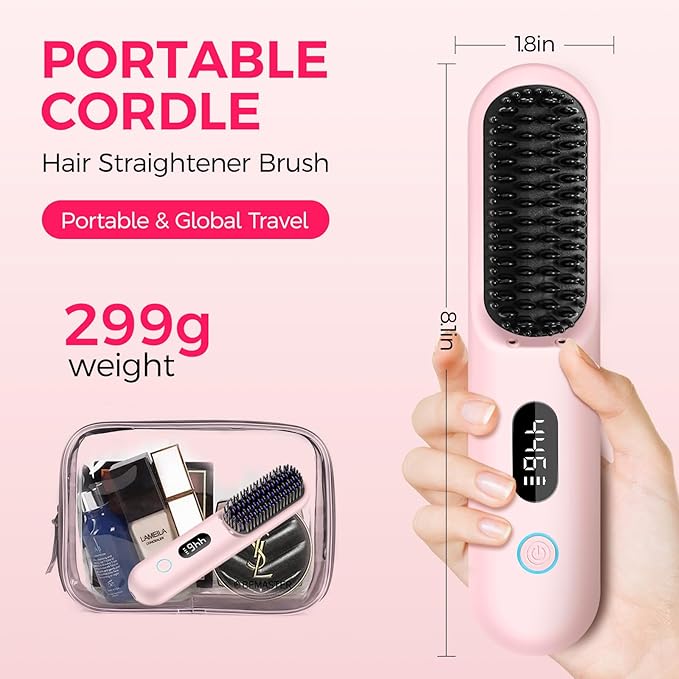 Cordless Hair Straightener Brush, Portable Straightening Brush for Travel, Mini Ionic Hot Comb with 9 Temperature Settings, Rechargeable Heated Straightening Comb, Dual Power, Gifts for Women Her