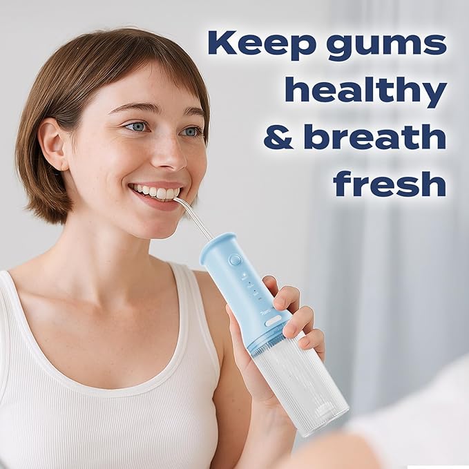 7AM2M Portable Cordless Water Flosser, Oral Irrigator with 3 Modes & 2 Tips, Fast Rechargeable, IPX7 Waterproof, Dental Water Flosser for Travel and Home Use (Light Blue)