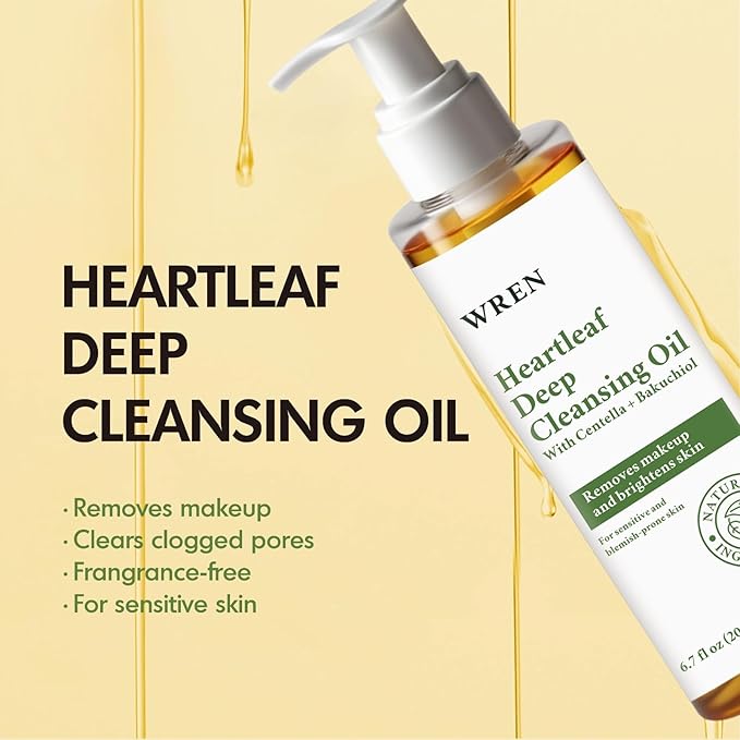 Wren Heartleaf Deep Cleansing Oil, Face Oil Cleanser for Makeup Removal, Blackhead & Pore Care, Skincare for Sensitive Skin, Brightens Skin – 6.76 fl oz (200ml)