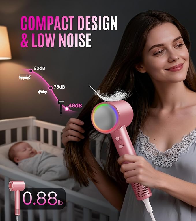 16W RPM High-Speed Hair Dryer for Fast Drying, Quiet lonic Blow Dryer with Frizz Control & No Heat Damage, Lightweight Travel Hair Dryer with Magnetic Nozzles for Curly & Straight Hair (Pink)