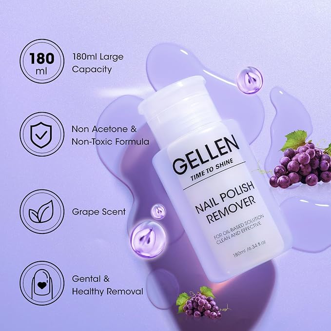 Gellen Nail Polish Remover Grape Scent, Non Acetone Nail Polish Remover Pump for Quick Dry Polishes, Gentle Fingernail Polish Remover with Vitamin E, Powerful Polish Removal for Home Salon 6.09 Fl Oz