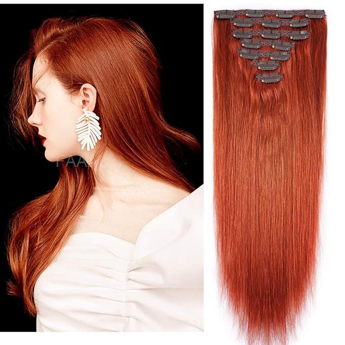 20" Clip in Human Hair Extensions Full Head 180g 7 Pieces 16 Clips Copper Red Double Weft Brazilian Real Remy Hair Extensions Thick Straight Silky (20" 180g, #350)