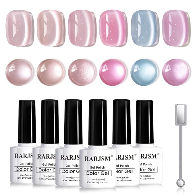 RARJSM Glassy Cat Eye Gel Nail Polish Set 6Pcs Nude Rose Purple Pink Blue Velvet Ice Jelly Silver Shimmer Ceramic Bubble Diamond Cateye Gelpolish with Magnetic Stick Curing Require Home Salon