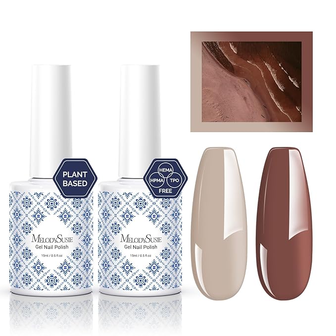 MelodySusie Fleurwee Plant Based Gel Nail Polish, 2 Pcs Hema Free Gel Polish Nude Brown and Cappuccino Brown Nail Polish 21 Non Toxic Long Lasting Nail Art Salon DIY Manicure at Home Gift for Women