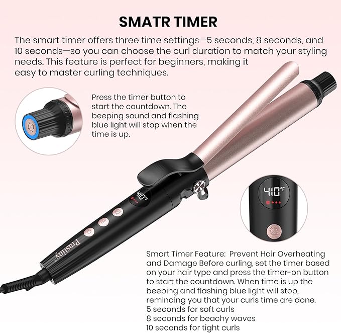 Parstiny Dual Voltage Curling Iron: Home &Travel hair curler with Smart Timer - beginners & Stylists - 1.25 Inch ceramic curling iron Up to 410℉ with LCD & Stand - medium/long hair SGS Certified