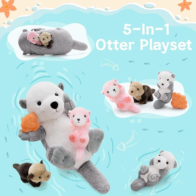 MorisMos 5Pcs Sea Otter Stuffed Animal with Babies,23.6'' Giant Mommy Stuffed Otter Toy with 3 Babies & Plush Seashell, Boy Girl Sea Animal Toys for Kids 3-5 Birthday Christmas Decor